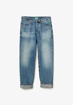 Lichtblauwe denim jeans met een vervaagde afwerking. Klassiek vijf-pocket ontwerp, rechte pijpen en opgerolde mouwen. Koperen hardware accenten.