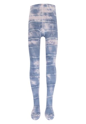 Blaue Tie-Dye-Tights mit glatter Textur, die ein horizontal gestreiftes Muster und einen einfarbigen Fußbereich aufweisen. Elastischer Bund oben.