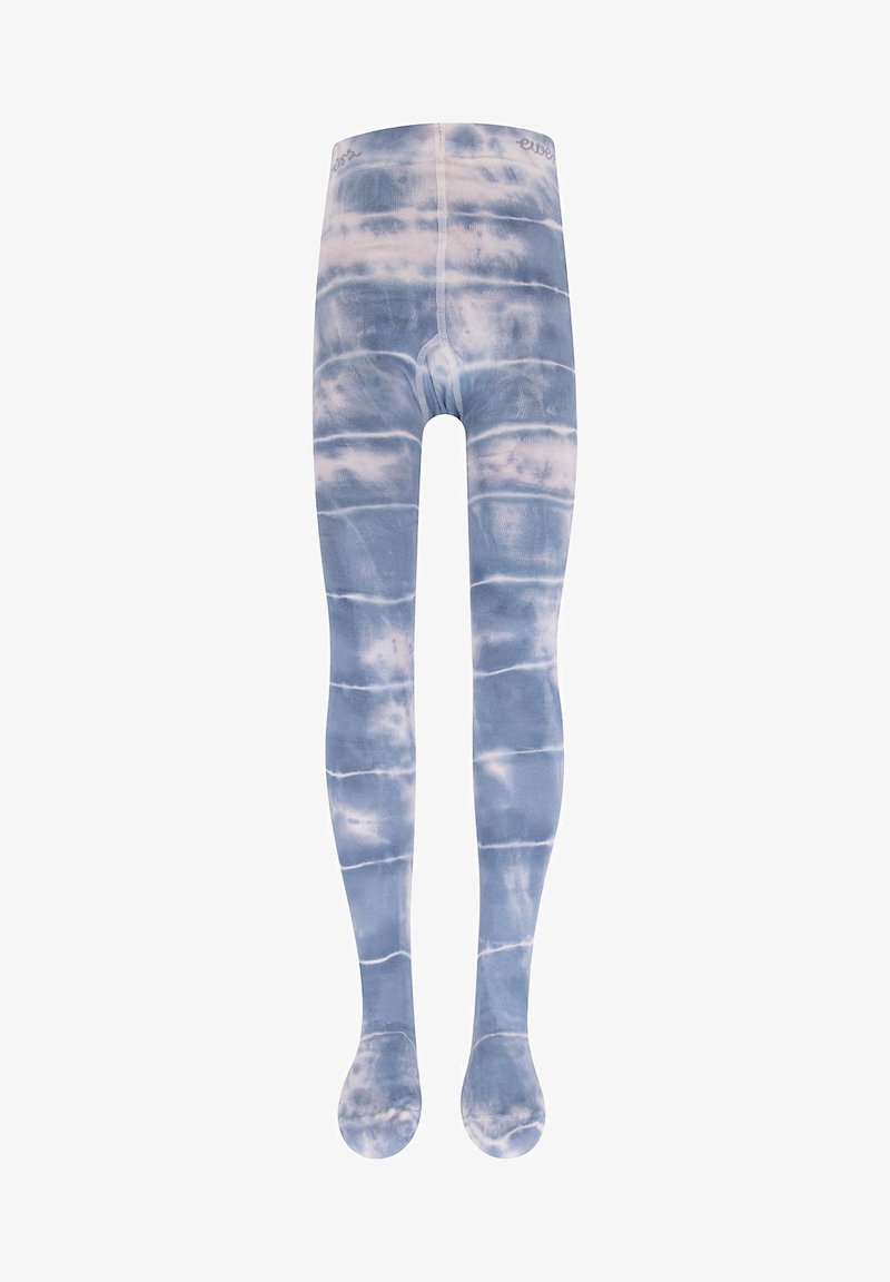 Blaue Tie-Dye-Tights mit glatter Textur, die ein horizontal gestreiftes Muster und einen einfarbigen Fußbereich aufweisen. Elastischer Bund oben.