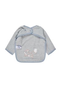 Light blue striped baby towel with long sleeves, featuring an embroidered fox design and button closures on one side. Soft texture.