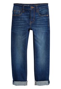 Jeans in denim blu scuro con taglio classico, caratterizzati da risvolti, cinque tasche e dettagli di cucitura a contrasto.