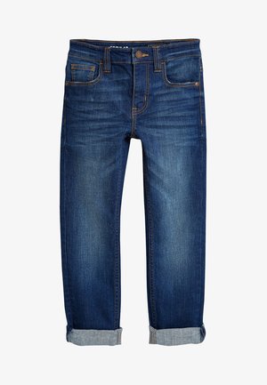 Jeans din denim albastru închis cu un croi clasic, prezentând manșete răsucite, cinci buzunare și detalii de cusătură în contrast.