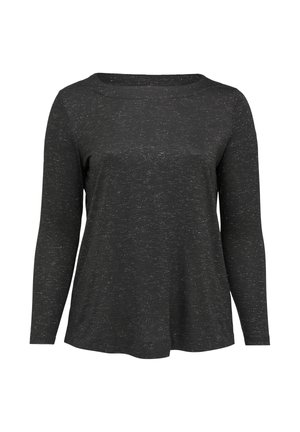 Black long-sleeve top made of a textured fabric with a subtle speckled pattern. Features a round neckline and a relaxed fit, slightly flared at the hem.