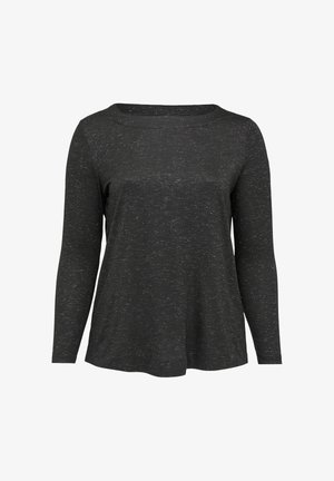 Black long-sleeve top made of a textured fabric with a subtle speckled pattern. Features a round neckline and a relaxed fit, slightly flared at the hem.