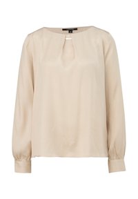 Beige satin langærmet bluse med rund halsudskæring, front keyhole detalje og manchetter, størrelse 36, mærket "comma," synligt indeni kraven.