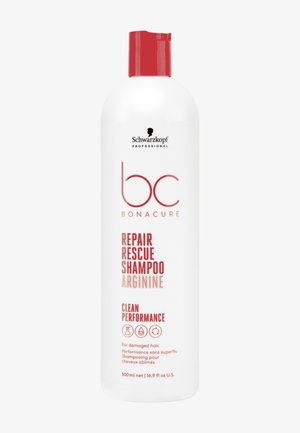 Flacon blanc de shampoing Schwarzkopf BC Bonacure Repair Rescue avec bouchon à clapet rouge, pour cheveux abîmés, 500 ml, avec icônes de performance écologique.
