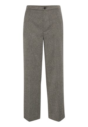 Graue Fischgrät-Hosen mit geradem Bein, flacher Vorderseite, Knopfverschluss und ohne sichtbare Taschen. Strukturierte Stoffoberfläche.