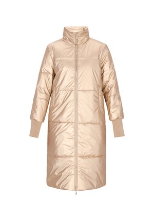 Vaaleanbeige untuvaparkka, jossa on korkea kaulus, edessä vetoketju ja joustavat hihansuut. Sen pinnassa on kiiltävä, sileä rakenne ja vaakasuuntainen tikkauskuvio.