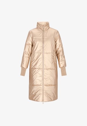 Béžová péřová bunda s vysokým límcem, předním zipem a elastickými manžetami. Má lesklou, hladkou texturu a horizontální prošívání.