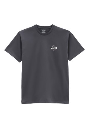 Ciemnoszary klasyczny t-shirt Vans z krótkim rękawem, małe logo Vans i wielokolorowe plamki na lewej piersi.
