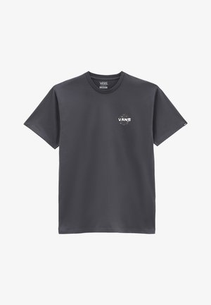 Ciemnoszary klasyczny t-shirt Vans z krótkim rękawem, małe logo Vans i wielokolorowe plamki na lewej piersi.