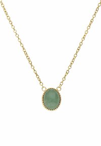 Gouden kettinghalsketting met een ovale groene stenen hanger, bezel-set met een textuur rand. De ketting heeft kleine schakels en een over het geheel delicate uitstraling.