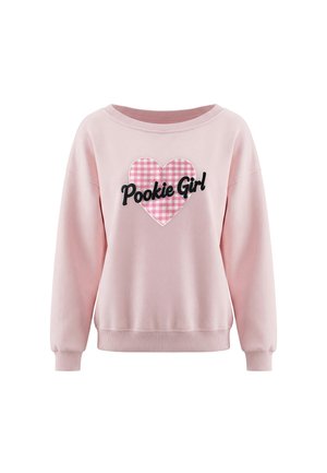 Lyserød langærmet sweatshirt med ribbet manchetter og kant, med et pink ternet hjerte og sort tekst "Pookie Girl" foran.