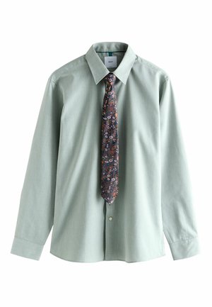 Light green long-sleeve shirt with a textured pattern, buttoned collar, and a dark floral tie featuring shades of blue, red, and pink.