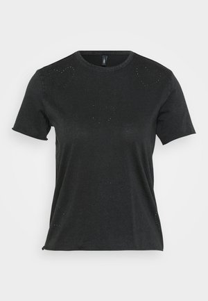 T-shirt noir à manches courtes avec col rond, présentant des embellissements subtils en strass en forme de cœur sur le devant. Tissu doux et décontracté.