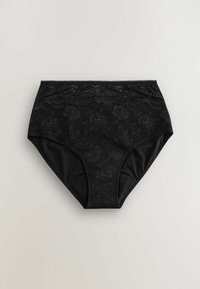 Culotte taille haute noire pour femme avec superposition en dentelle florale et bord festonné sur un fond clair.
