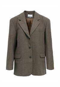Brauner Fischgrad-Blazer mit Reverskragen, zwei Fronttaschen, drei Knöpfen und einem glatten braunen Futter für eine strukturierte Passform.