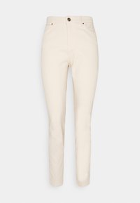 Beige Baumwollhose mit geradem Bein, ausgestattet mit einem vorderen Knopfverschluss und zwei Seitentaschen. Weicher Stoff, minimalistischer Stil.