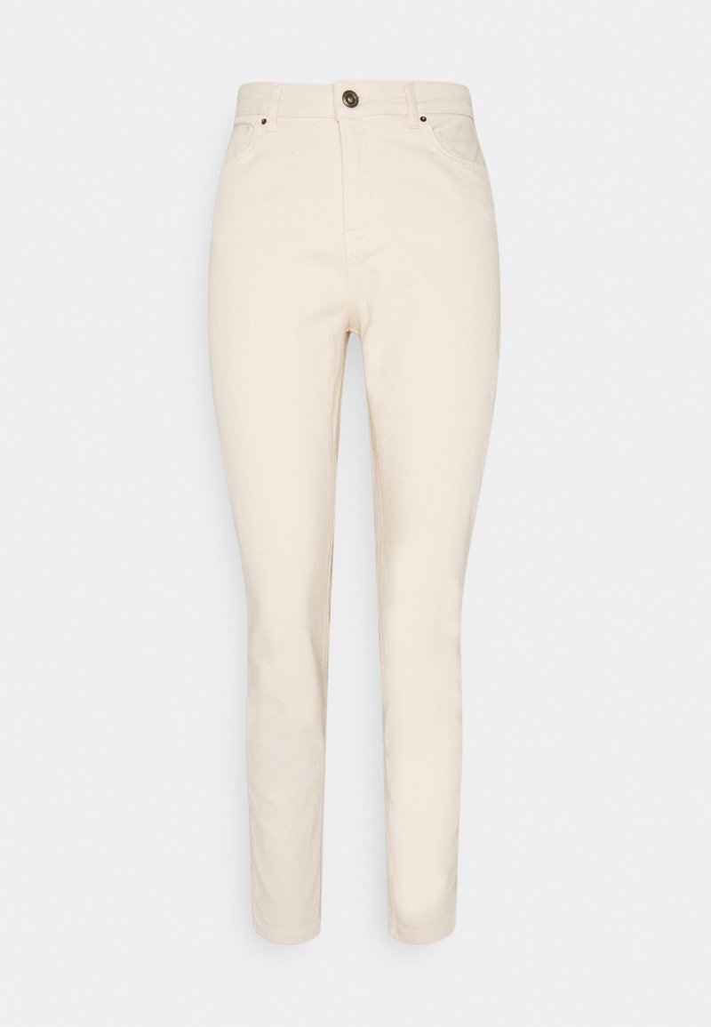 Beige Baumwollhose mit geradem Bein, ausgestattet mit einem vorderen Knopfverschluss und zwei Seitentaschen. Weicher Stoff, minimalistischer Stil.