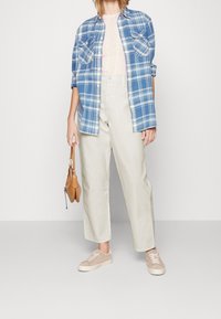 Blå rutig skjorta över en ljusrosa stickad topp, krämfärgade vida byxor och ljusbruna sneakers; håller en liten brun handväska.