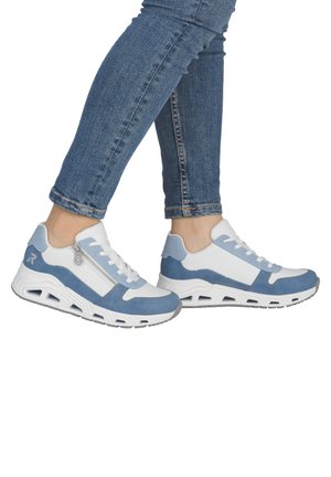 Blue and white athletic shoes with a mix of smooth leather and suede, featuring a side zipper, lace-up front, and textured sole.