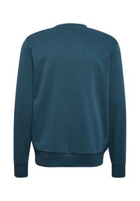 Bluza z okrągłym dekoltem w ciemnym tealu, wykonana z teksturowanego materiału, z prążkowanymi mankietami i dołem. Widok z tyłu pokazuje gładkie wykończenie, bez widocznego logo ani wzorów.