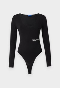 Black long-sleeve bodysuit made of soft material with a deep scoop neck and a high-cut thong bottom. Features white "Karl Lagerfeld Jeans" branding.
