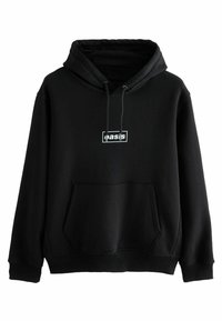 Zwarte hoodie met een voorzak, koordjes, en een klein wit "oasis" logo binnen een rechthoekige omranding die gecentreerd op de borst zit.