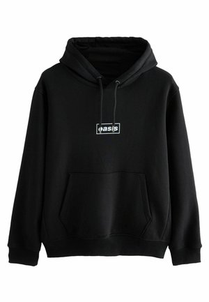 Sudadera negra con bolsillo frontal, cordones y pequeño logo blanco "oasis" dentro de un contorno rectangular centrado en el pecho.