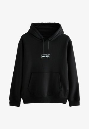 Sudadera negra con bolsillo frontal, cordones y pequeño logo blanco "oasis" dentro de un contorno rectangular centrado en el pecho.