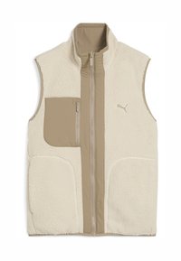 Beige Fleece-Weste mit Reißverschluss, hohem Kragen und zwei großen Vorderaschen. Verfügt über eine beige Stoffakzenttasche und ein Logo auf der Brust.
