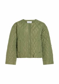 Šviesiai alyvuogių žalios spalvos dygsniuota striukė su priekiu užtrauktuku ir ilgomis rankovėmis, su deimanto formos siuvimu ir dviem šoninėmis kišenėmis.