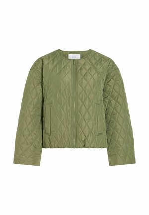 Svjetlo maslinasto zelena prošivena jakna s prednjim patentnim zatvaračem i dugim rukavima, s dijamantnim šavovima i dvije bočne džepove.