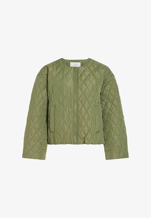 Svjetlo maslinasto zelena prošivena jakna s prednjim patentnim zatvaračem i dugim rukavima, s dijamantnim šavovima i dvije bočne džepove.