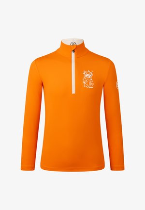 Langærmet pullover med høj krave i klart orange stof. Har en hvid lynlås og et grafisk print på brystet. Glat tekstur.