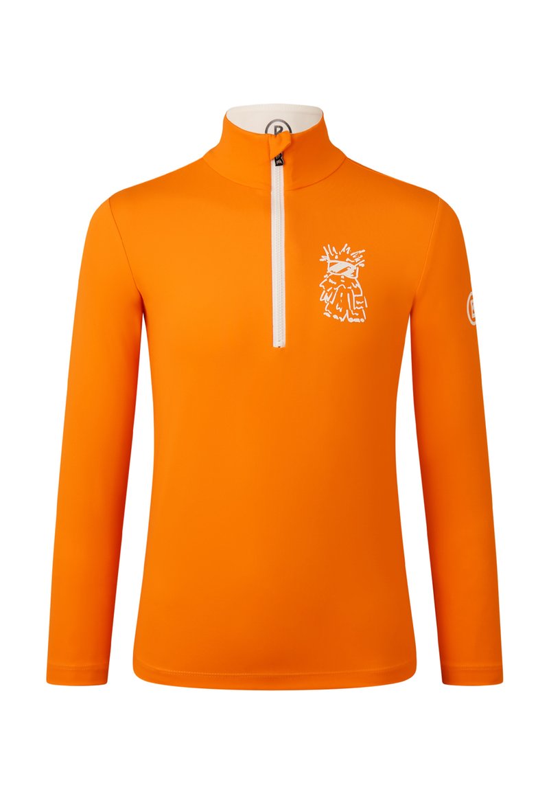 Langærmet pullover med høj krave i klart orange stof. Har en hvid lynlås og et grafisk print på brystet. Glat tekstur.