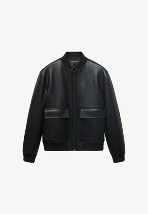 Black leather bomber jacket with a zip front, ribbed collar, and two large front pockets. Smooth texture and relaxed fit.