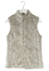 Faux furväst i ljusgrått, ärmlös design med hög krage, med en slät yta och vertikala sömmar för formdefinition.