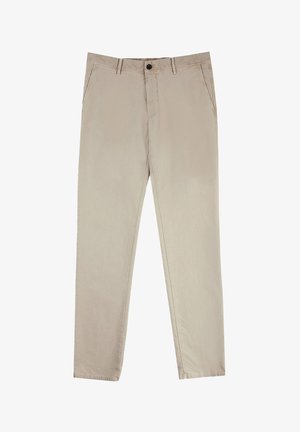 Pantalon en coton beige avec une coupe droite, doté d'une fermeture à bouton et à fermeture éclair, de deux poches latérales et d'une texture lisse.