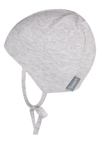 Gray cotton cap with a rounded shape, tied straps, and a small branded label on the side. Soft, textured finish suitable for infants.