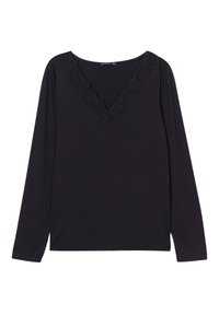 Schwarzes Langarmoberteil mit V-Ausschnitt und Spitzendekoration entlang des Halsausschnitts. Weicher Stoff mit glatter Textur. Einfaches Design, ohne Muster.