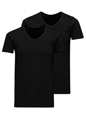 Zwei schwarze V-Ausschnitt-T-Shirts aus weichem Stoff, mit kurzen Ärmeln und einem klassischen Schnitt mit geraden Säumen.