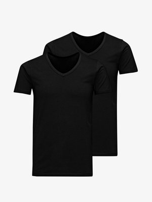 Zwei schwarze V-Ausschnitt-T-Shirts aus weichem Stoff, mit kurzen Ärmeln und einem klassischen Schnitt mit geraden Säumen.