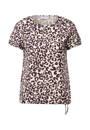 Leopardmönstrad T-shirt i krämfärg och vinröd. Korta ärmar, rund halsringning och justerbar knytning vid nederkanten. Mjuk och andningsbar fabrik.