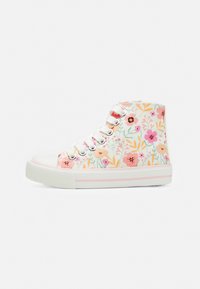 Sneakers înalte cu un imprimeu floral în nuanțe de roz, portocaliu și verde pe o pânză albă. Talpă din cauciuc albă cu accente roz.