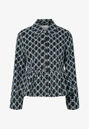 Zwarte jack met knopen, lichtblauw bloemenkantpatroon, lange mouwen, kraag en een lichte peplumdetail in de taille.