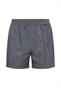 Grå vævede boxershorts med elastik i taljen og et lille mærke på venstre side, med lige snit og uden ekstra lommer.