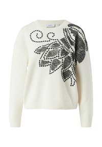 Biały dziany sweter z dużym czarnym kwiatowym wzorem i wzorem spiralnym. Ściągacze na mankietach i dole, z okrągłym dekoltem.