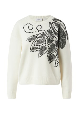 Maglione bianco lavorato a maglia con ampio motivo floreale nero e motivo a spirale. Polsini e orlo a coste con scollo rotondo.