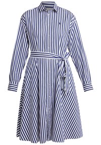 Blå och vit vertikalt randig långärmad skjortklänning med knappstängning fram, krage och matchande midjeband med rosett.